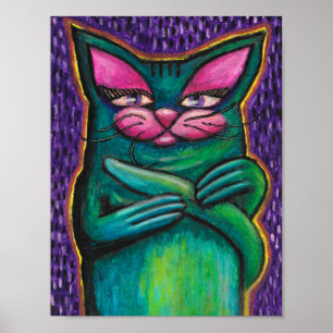 Poster Gatinho Azul Turquesa em Pastel a Óleo sobre Fundo