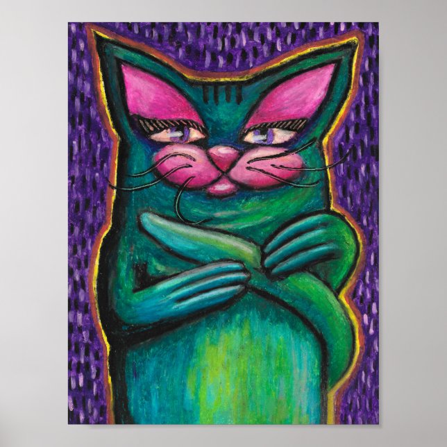 Poster Gatinho Azul Turquesa em Pastel a Óleo sobre Fundo (Frente)