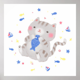Poster Gatinho bonito com peixe na ilustração de verão