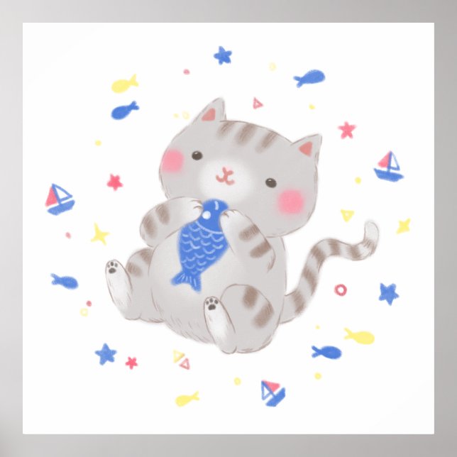 Poster Gatinho bonito com peixe na ilustração de verão (Frente)