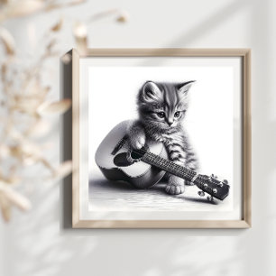Poster Gatinho Bonito com Retrato Lápis de Violão Acústic