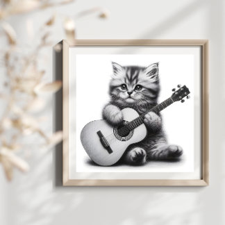 Poster Gatinho Bonito com Retrato Lápis de Violão Acústic