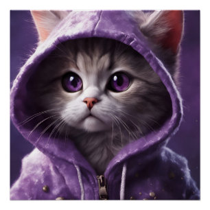 Póster Gatinho bonito em um capuz roxo