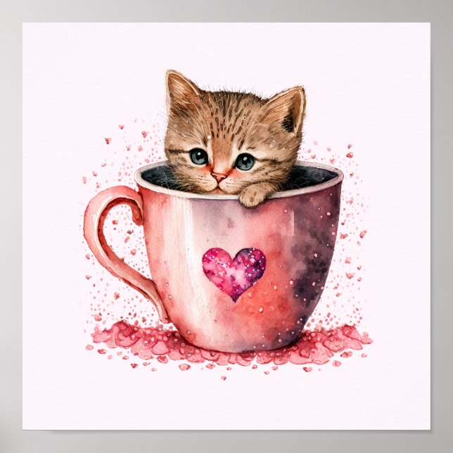 Poster Gatinho Bonito num Teacup com Corações (Frente)