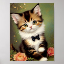 Gatinho bonito Vestindo um Arco. Vintage Oil Paint