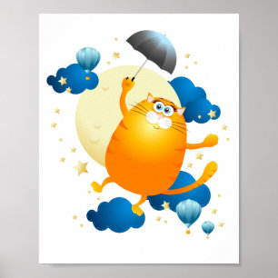 Poster Gatinho bonito voando com guarda-chuva