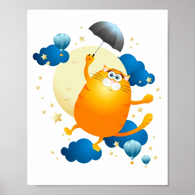 Poster Gatinho bonito voando com guarda-chuva (Frente)