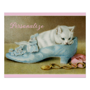 Póster Gatinho branco fofo vintage em um sapato de cetim
