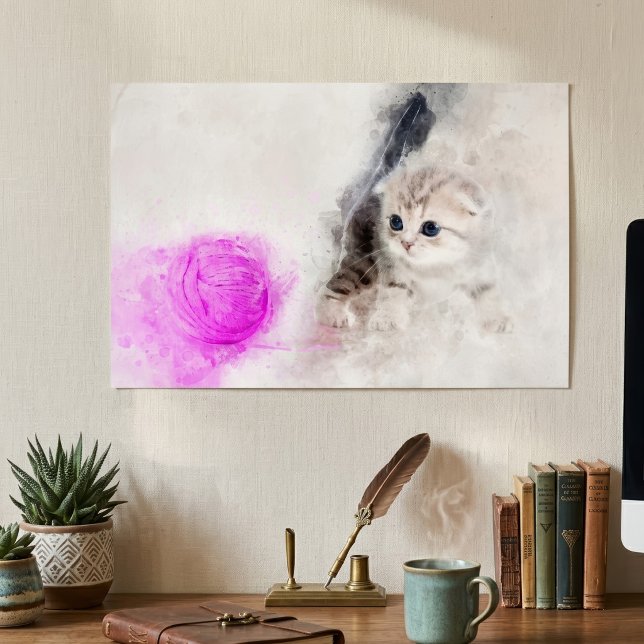 Poster Gatinho brincando com uma bola de fio rosa aquarel (Kitten playing with a pink yarn ball watercolor. poster)