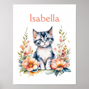 Poster Gatinho Cinza Personalizado em Flores Rosa