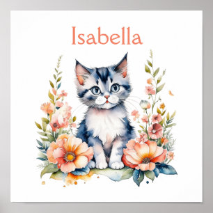 Poster Gatinho Cinza Personalizado em Flores Rosa
