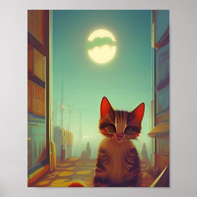 Poster Gatinho com olhos grandes cheio lua rachada sombra (Frente)
