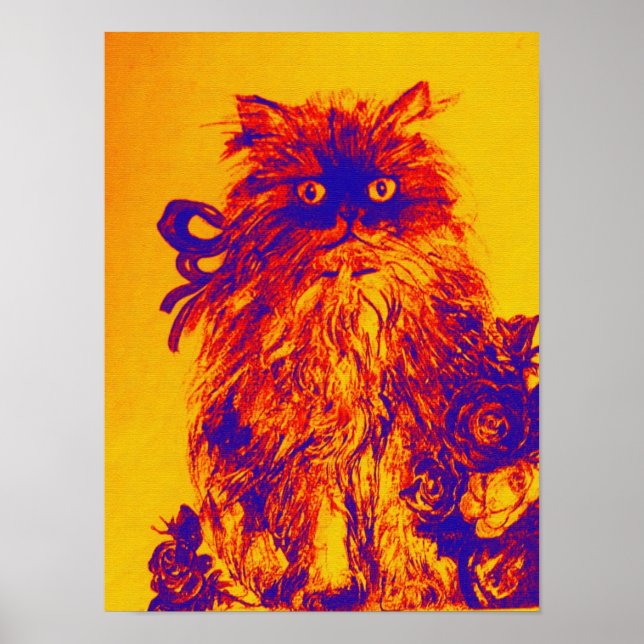 Poster GATINHO COM ROSAS ,Amarelo Laranja Azul (Frente)