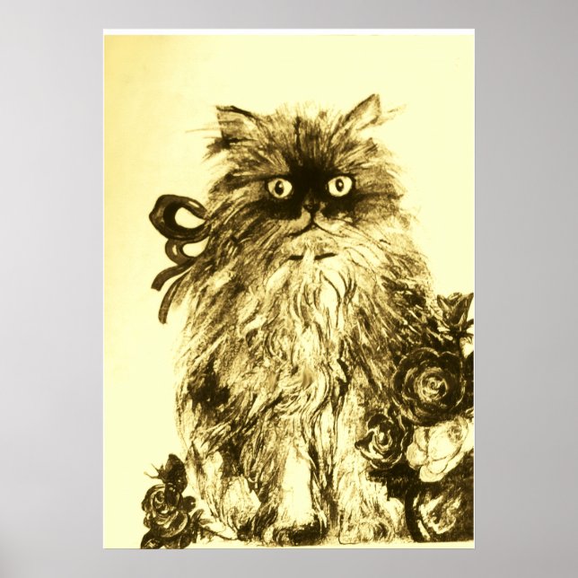 Poster GATINHO COM ROSAS, Marrom Amarelo e Branco (Frente)