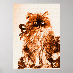 Poster GATINHO COM ROSAS ,Marrom e Branco