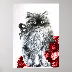 Póster GATINHO COM ROSAS, Preto Vermelho e Branco