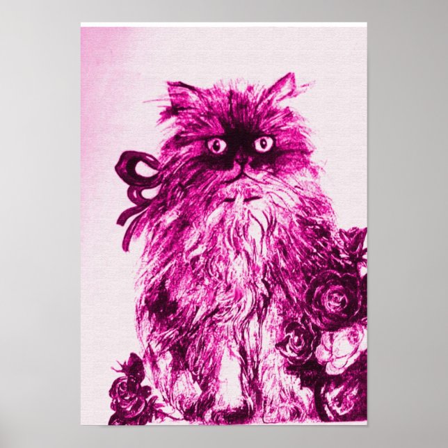Póster GATINHO COM ROSAS, Rosa Fuchsia Branco (Frente)
