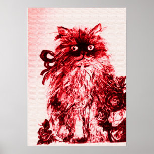 Póster GATINHO COM ROSAS ,Vermelho e Branco