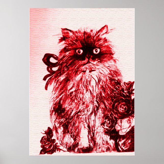 Póster GATINHO COM ROSAS ,Vermelho e Branco (Frente)