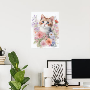 Poster Gatinho de Aquarela Fofo com Floral