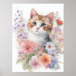 Poster Gatinho de Aquarela Fofo com Floral