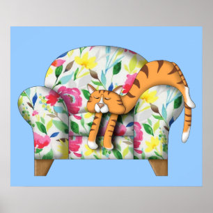 Póster Gatinho de desenho dormindo em uma cadeira floral
