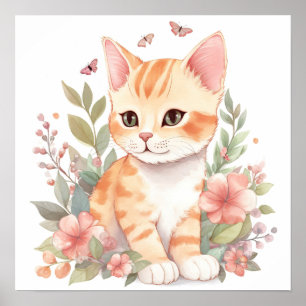 Poster Gatinho de Forma Laranja-Coca-Coluna com Flores