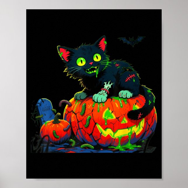 Poster Gatinho de Halloween Abóbora Gato Preto (Frente)