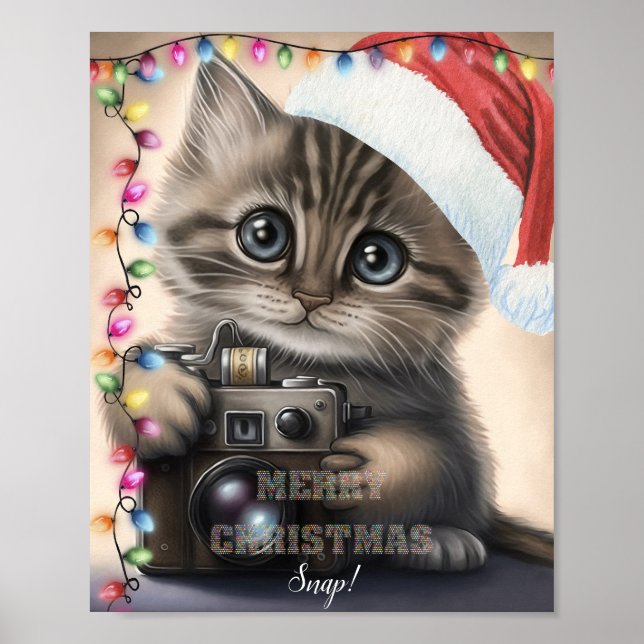 Poster Gatinho de Natal bonito com câmera (Frente)