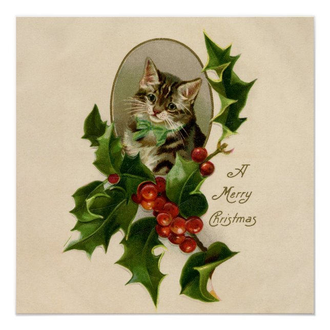 Póster Gatinho de Natal Vitoriano em Tabby Antigo com Aze (Frente)