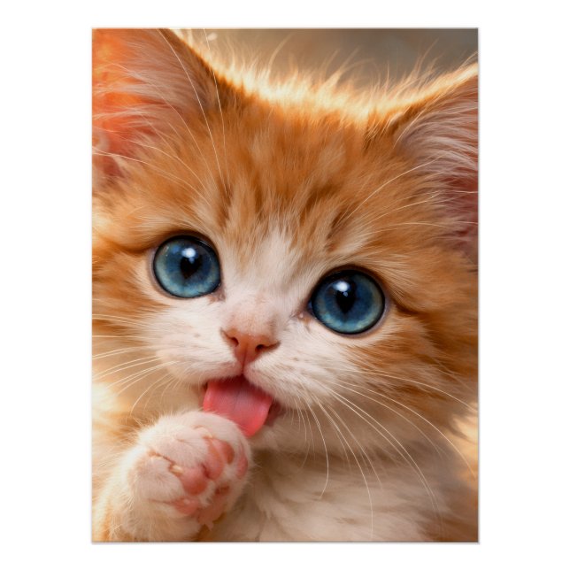 Póster Gatinho de Olhos Azuis Lambendo a Pata (Frente)