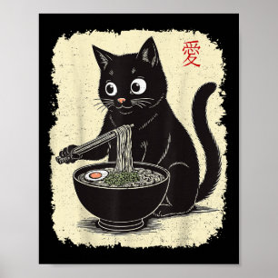 Poster Gatinho Engraçado Comendo Ramen Japonês Anime Kawa
