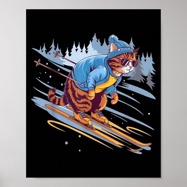 Poster Gatinho esquiando ladeira nevada engraçado  (Frente)