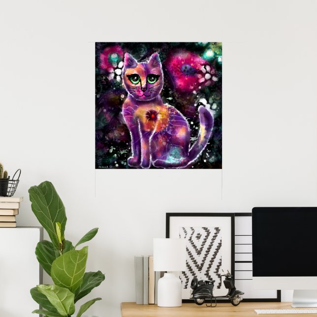 Poster Gatinho Floral Abstrato de Whimsso Gato Preto Rosa (Escritório em casa)