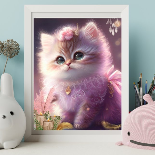 Poster Gatinho Fofinho de Gata em Vestido Roxo Arte Flora (Criador carregado)