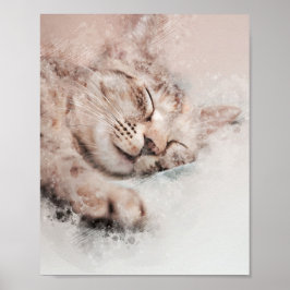 Poster gatinho fofo adormecido pintura aquosa sonolenta