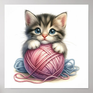 Poster Gatinho Fofo com Bola de Linha Gato Caprichoso