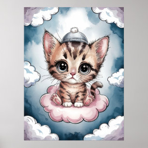 Poster Gatinho Fofo em uma Nuvem - Aquarela Adorável