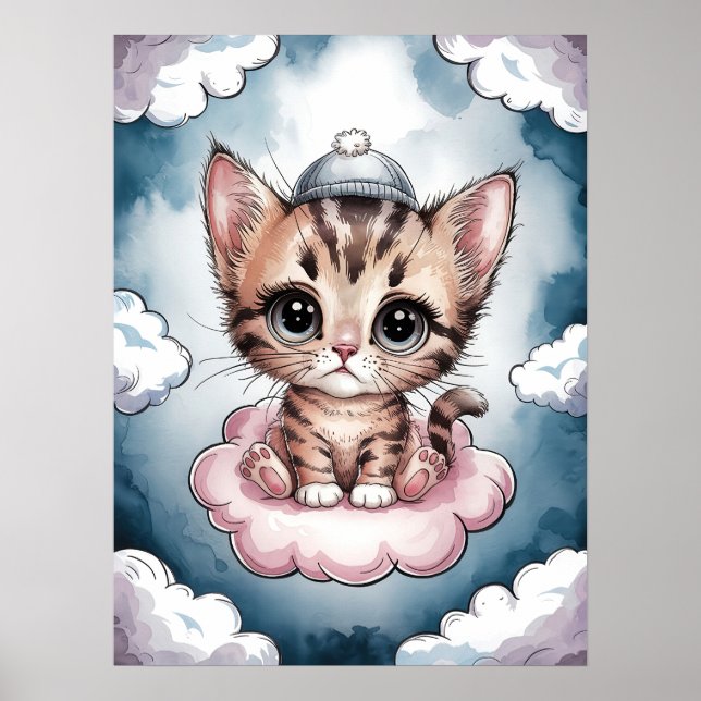 Poster Gatinho Fofo em uma Nuvem - Aquarela Adorável (Frente)