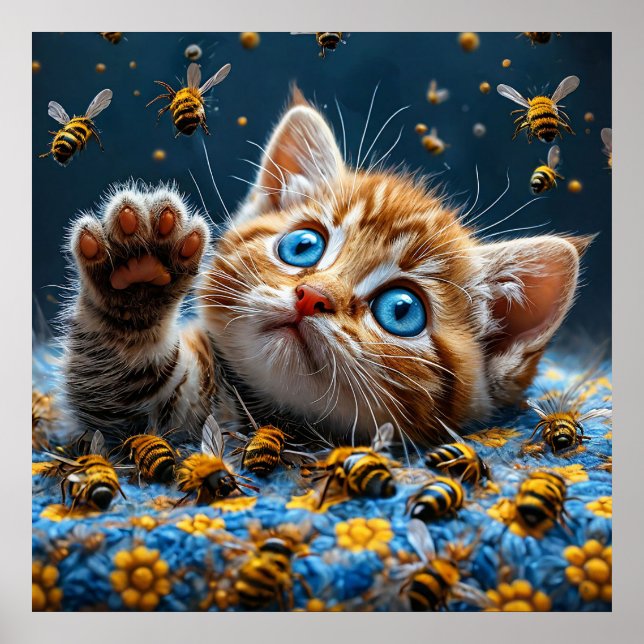 Poster Gatinho Fofo Interagindo com Abelhas (Frente)