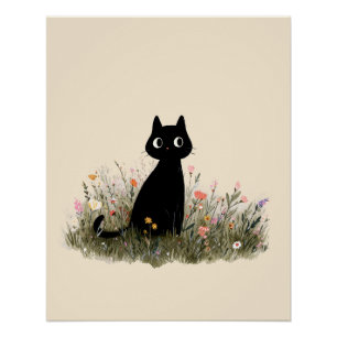 Póster Gatinho Fofo na Estética Cottagecore de Flores