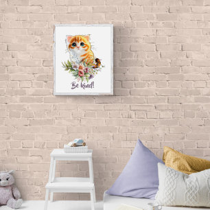 Poster Gatinho fofo olhando para cima com flores em aquar