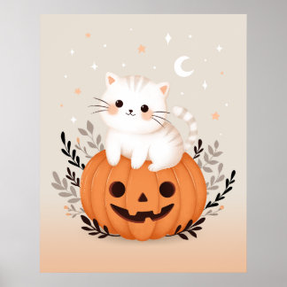 Poster Gatinho Fofo Sentado no Abóbora Halloween Moderno