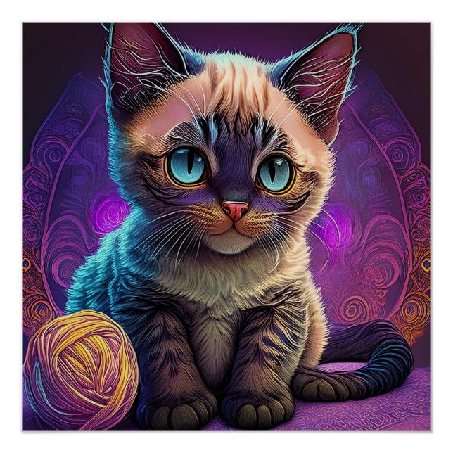 Póster Gatinho Jovem de Olhos Azuis Com Bola de Lã (Frente)