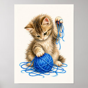 Poster Gatinho Malhado Fofo Brincando com Fio Azul