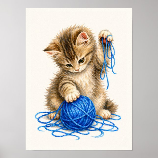 Poster Gatinho Malhado Fofo Brincando com Fio Azul (Frente)