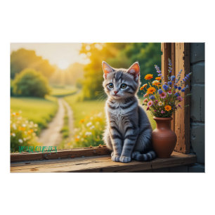 Póster Gatinho Malhado Fofo pela Janela com Flores Silves