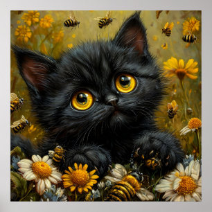 Poster Gatinho Preto Adorável Entre Flores