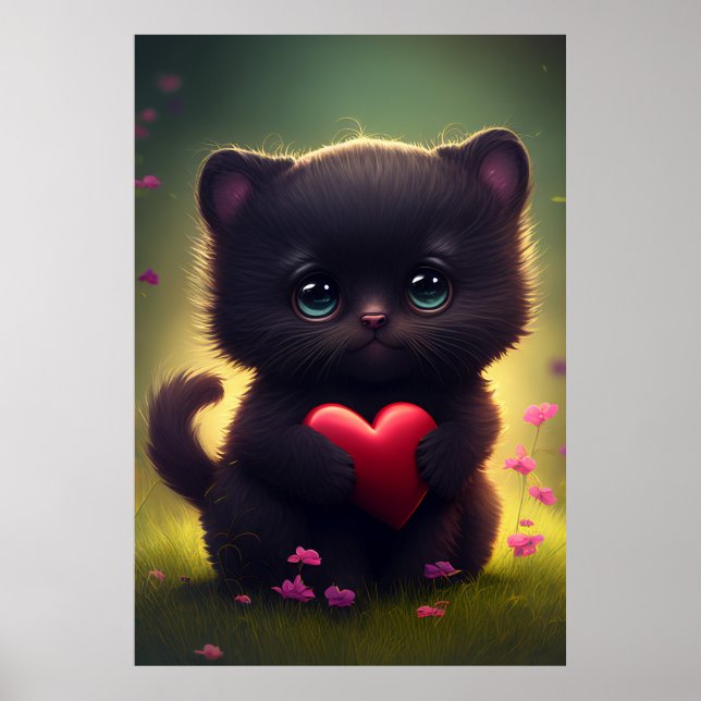 Poster Gatinho Preto Bonito com Coração e Flores (Frente)