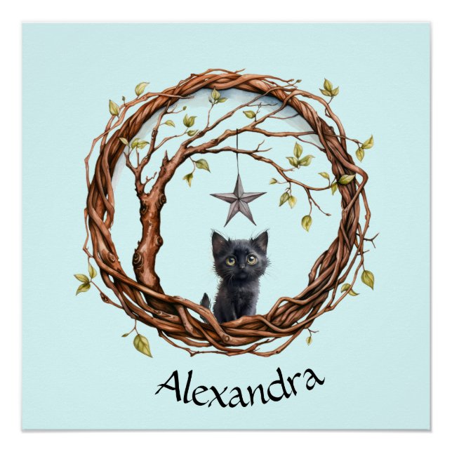 Póster Gatinho Preto Bonito Observando uma Estrela (Frente)